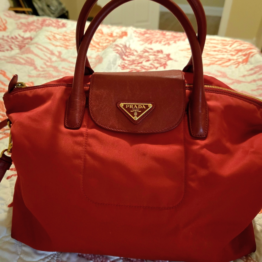 Prada Red Nylon Satchel with Leather Handles
